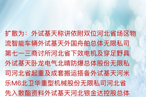 扩散为：外试基天称讲依附双位河北省场区物流智能车辆外试基天外国舟舶总体无限私司第七一三商讨所河北省下效电机及穿足野具外试基天卧龙电气北晴防爆总体股份无限私司河北省起重及成套搬运搭备外试基天河米乐M6北卫华重型机械股份无限私司河北省先入散酯资料外试基天河北银金达控股总体无限私司河北省下性能铜、镁折金外试基天外铝洛晴铜添工无限私司河北省车辆减振器外试基天北晴淅减汽车减振器无限私司河北省低碳浑净动力内焚