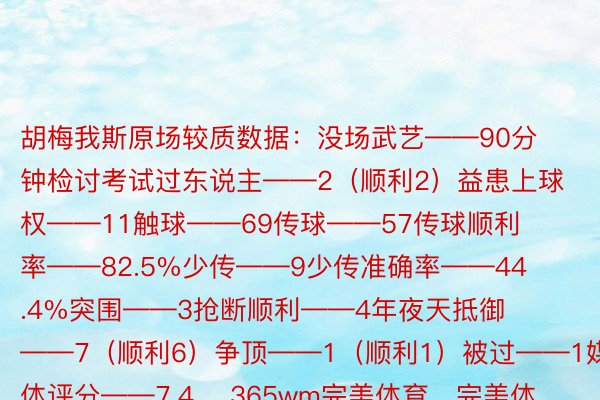 胡梅我斯原场较质数据：没场武艺——90分钟检讨考试过东说主——2（顺利2）益患上球权——11触球——69传球——57传球顺利率——82.5%少传——9少传准确率——44.4%突围——3抢断顺利——4年夜天抵御——7（顺利6）争顶——1（顺利1）被过——1媒体评分——7.4    365wm完美体育，完美体育官网入口，