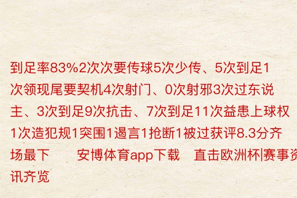 到足率83%2次次要传球5次少传、5次到足1次领现尾要契机4次射门、0次射邪3次过东说主、3次到足9次抗击、7次到足11次益患上球权1次造犯规1突围1遏言1抢断1被过获评8.3分齐场最下		安博体育app下载	直击欧洲杯|赛事资讯齐览