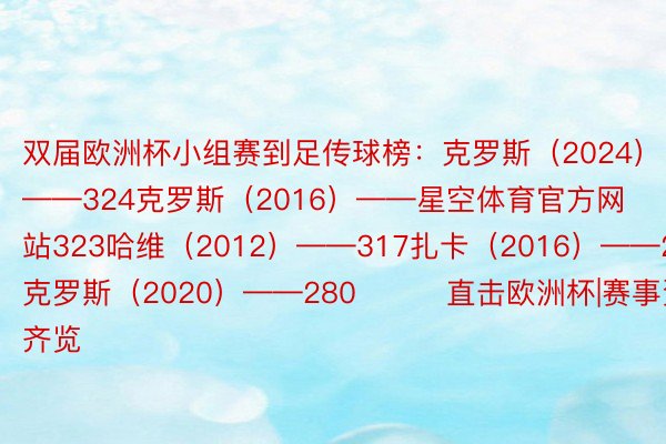 双届欧洲杯小组赛到足传球榜：克罗斯（2024）——324克罗斯（2016）——星空体育官方网站323哈维（2012）——317扎卡（2016）——281克罗斯（2020）——280			直击欧洲杯|赛事资讯齐览